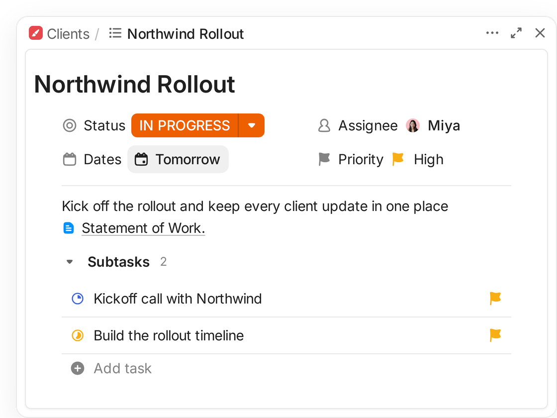 A ClickUp task, Northwind Rollout, with a statement of work and client subtasks