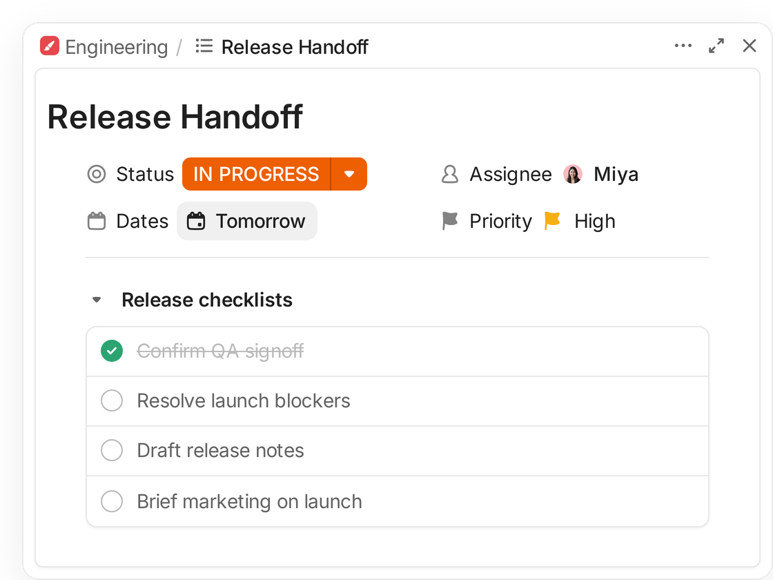 A ClickUp task, Release Handoff, with a checklist that includes briefing marketing on the launch