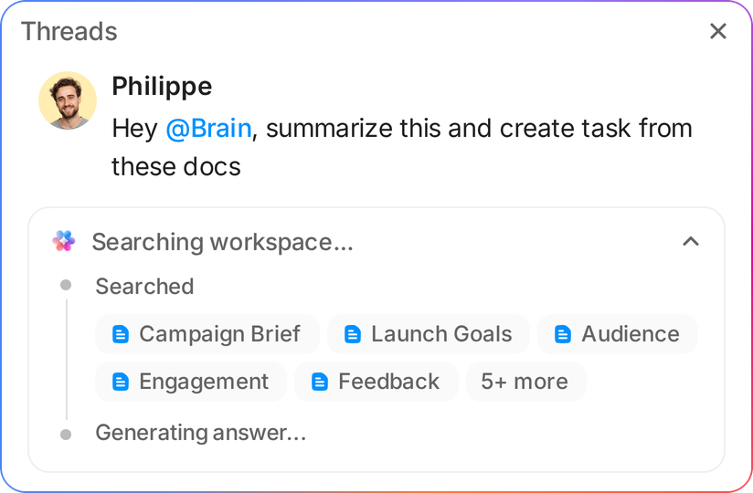 A teammate asks ClickUp Brain to summarize linked docs and create a task, and Brain searches the Workspace