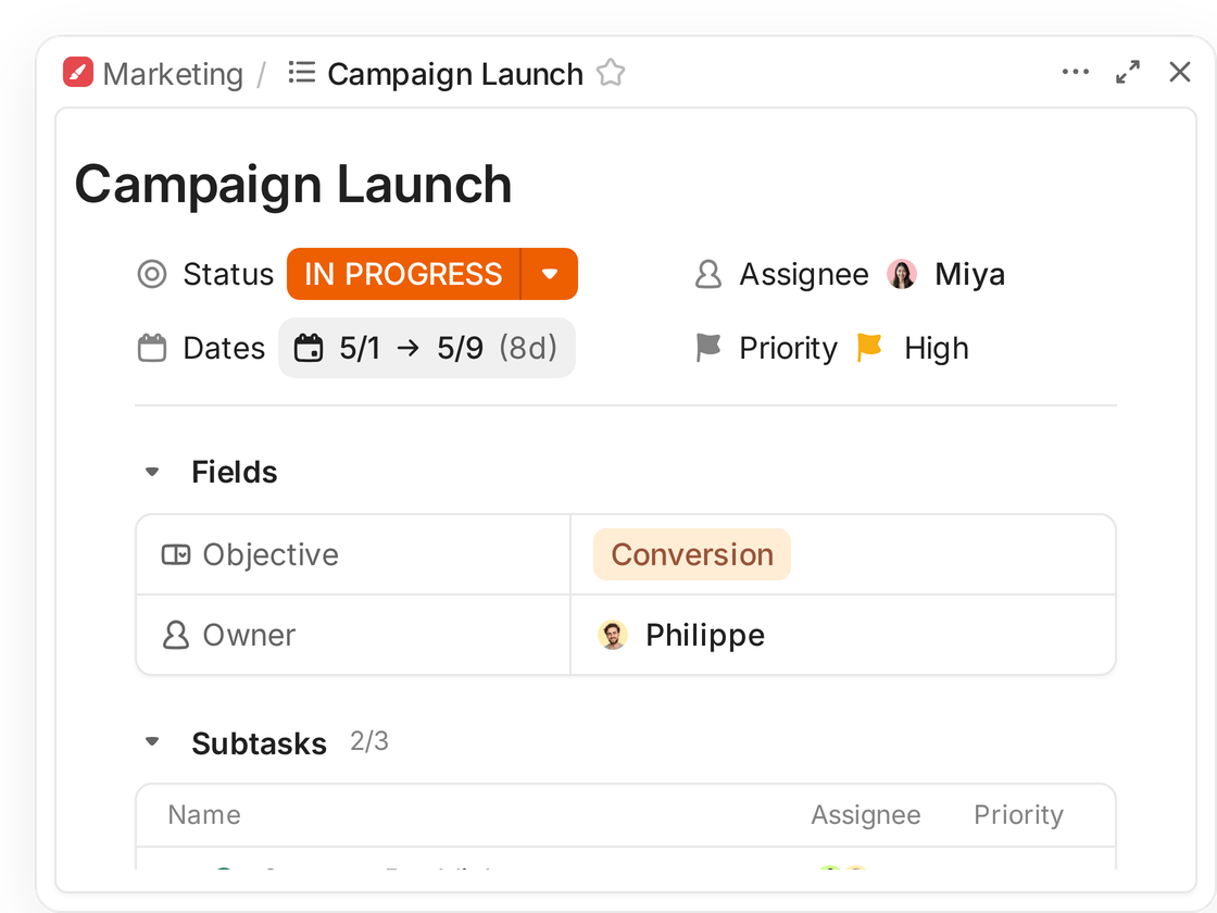 A ClickUp task, Campaign Launch, with fields and subtasks