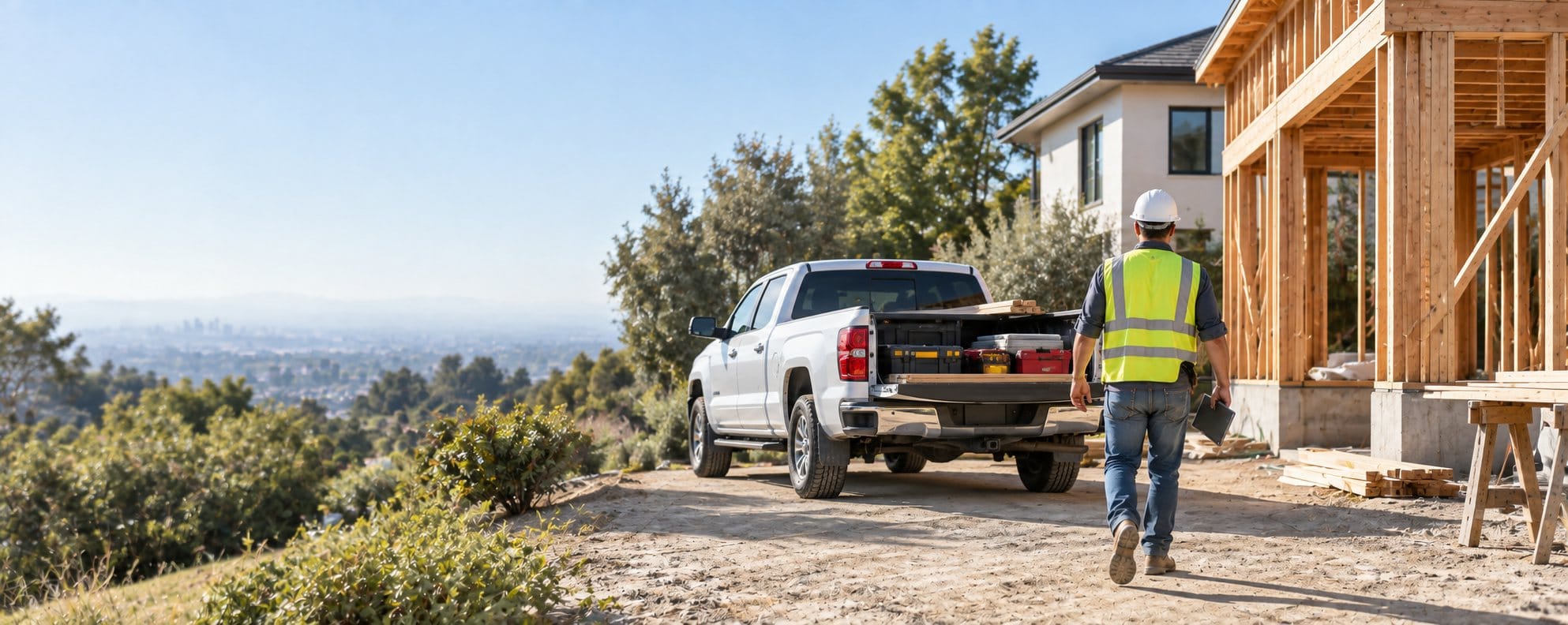 A general contractor in a hard hat and hi-vis vest, tablet in hand, walks past a white pickup loaded with toolboxes toward a timber-framed home addition.
