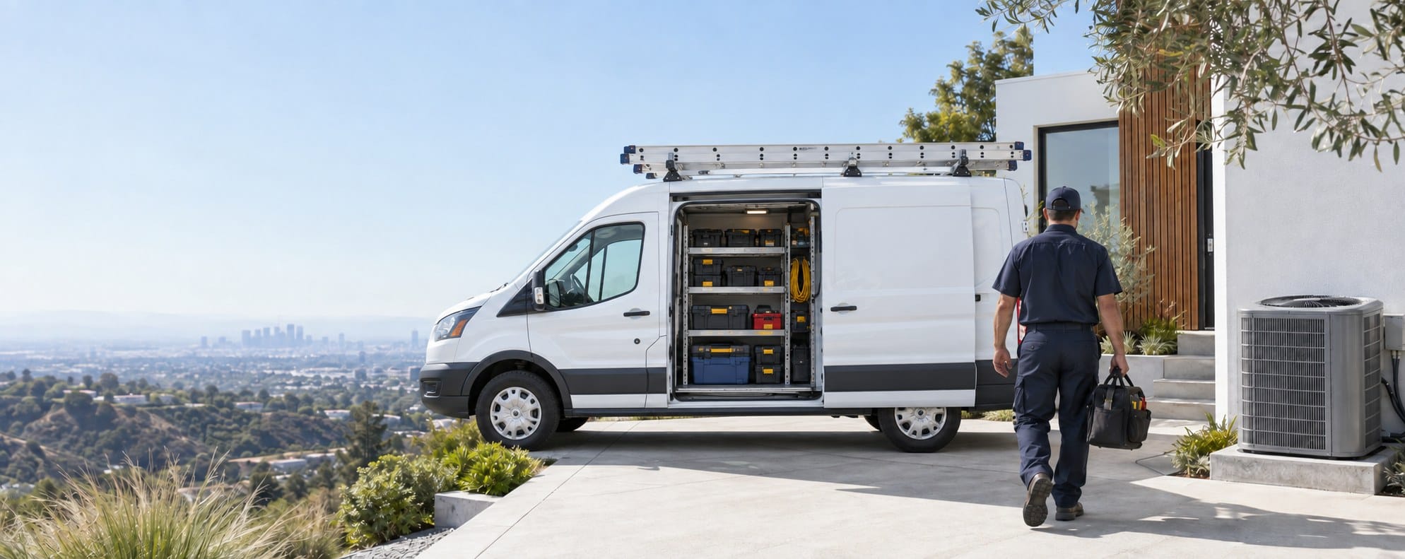 An HVAC technician carrying a tool bag walks past a white service van, its side door open to shelves of tools, toward a home's outdoor air-conditioner condenser.