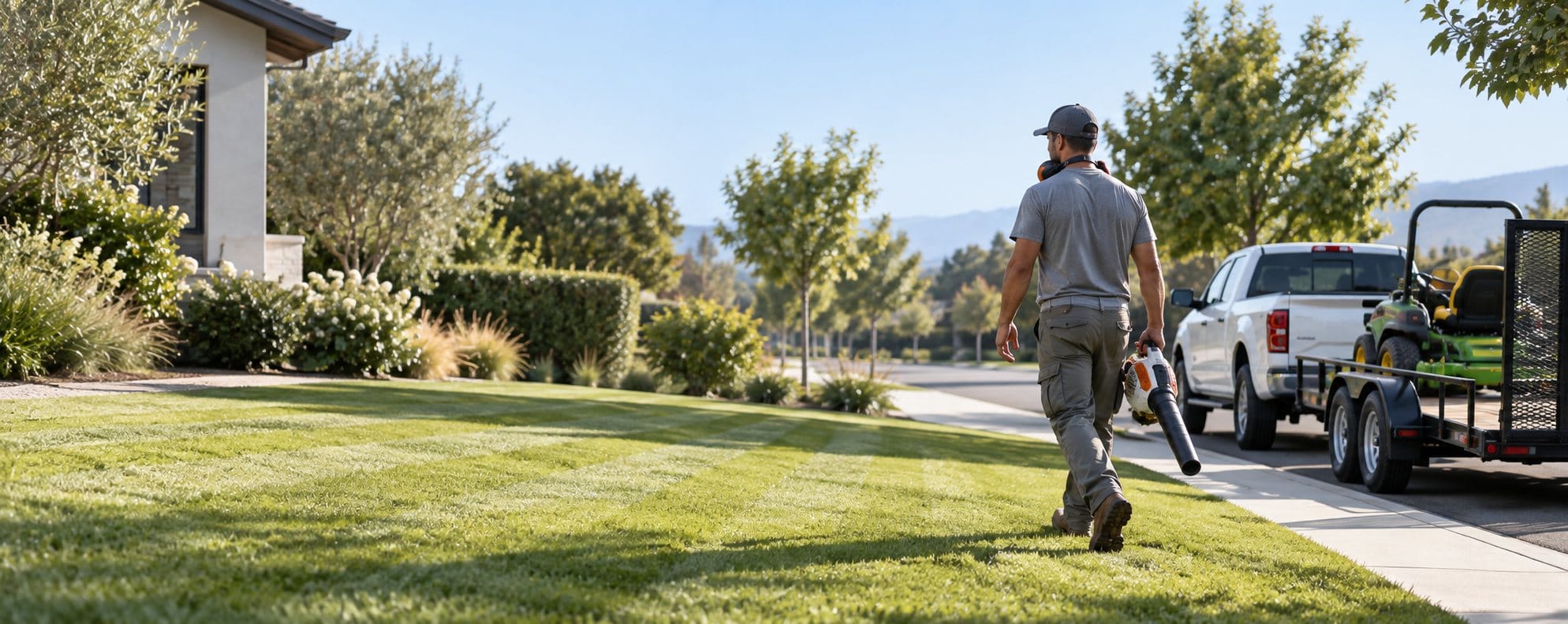 A landscaper carrying a leaf blower walks across a freshly striped front lawn toward a white pickup truck towing a trailer with a riding mower.