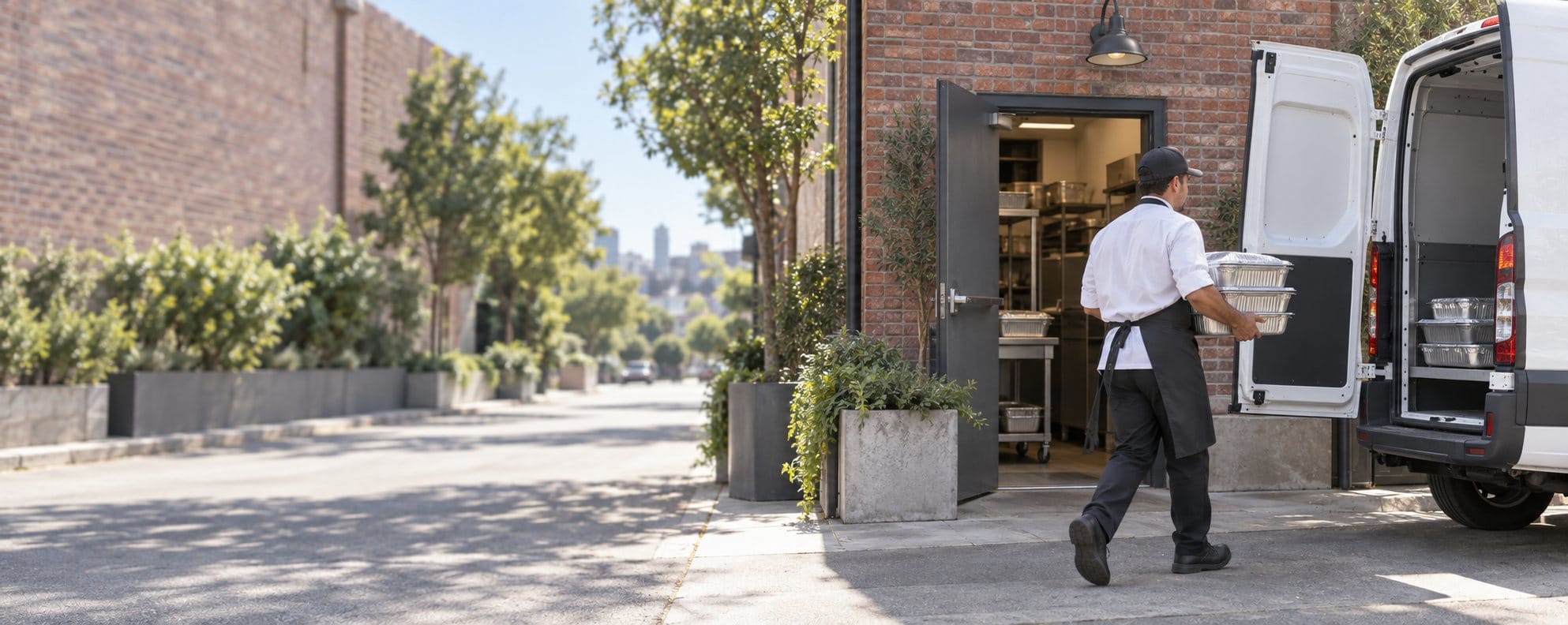 A caterer in a black apron carries stacked foil trays from a restaurant's back door to a white delivery van with its rear doors open.