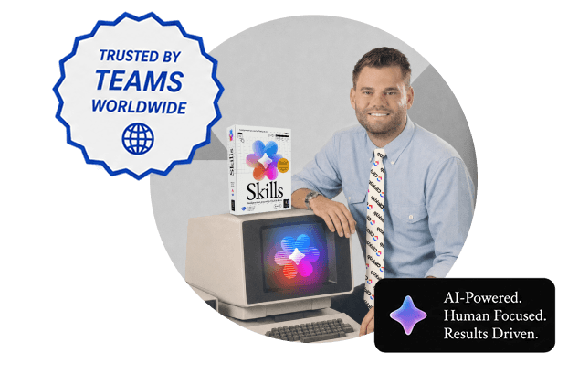 Zeb with the ClickUp Skills box in a vintage computer collage