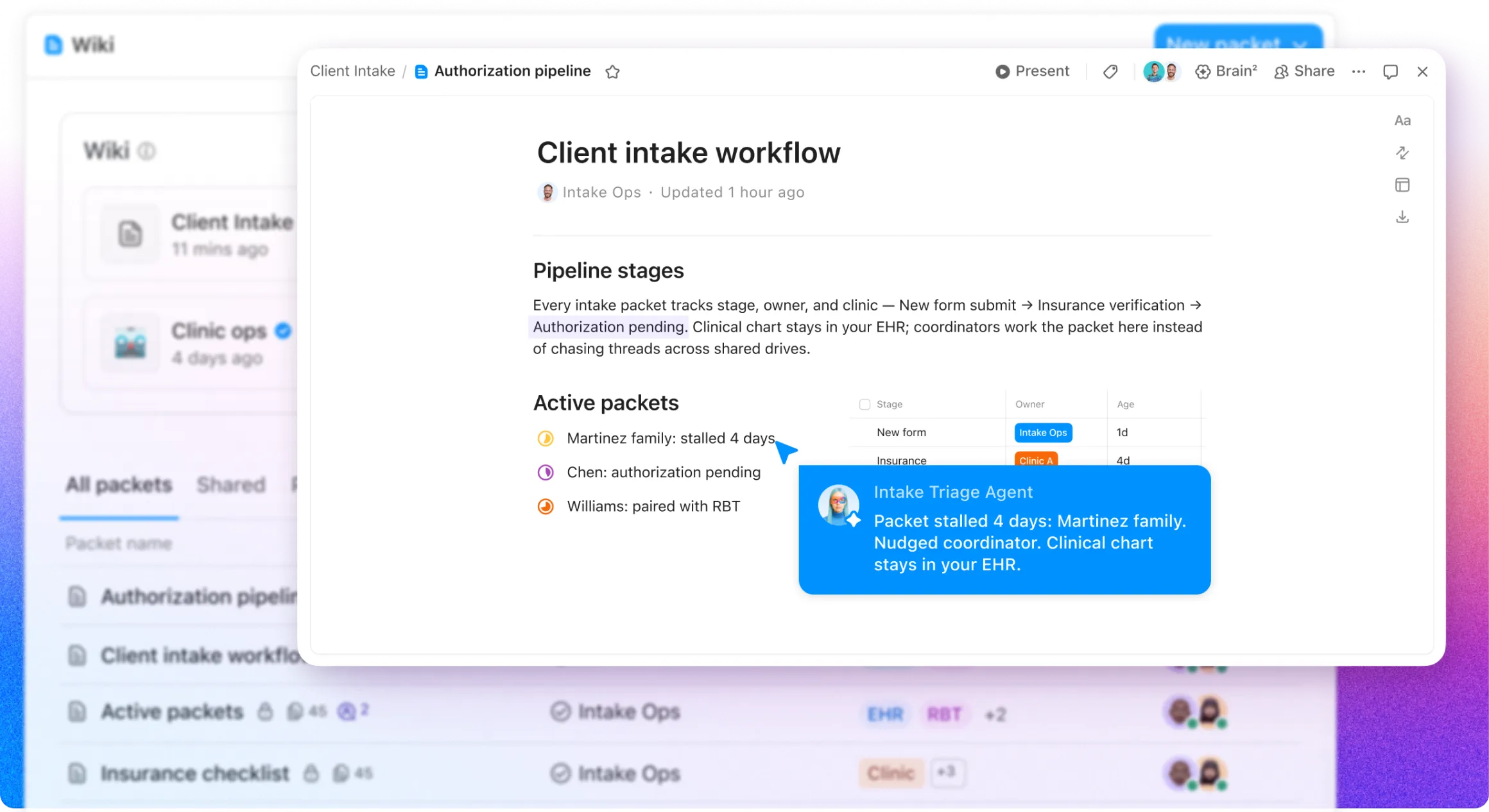 ClickUp workspace showing an ABA client intake form, an RBT onboarding checklist with BCBA assignment fields, and a new-center launch dashboard