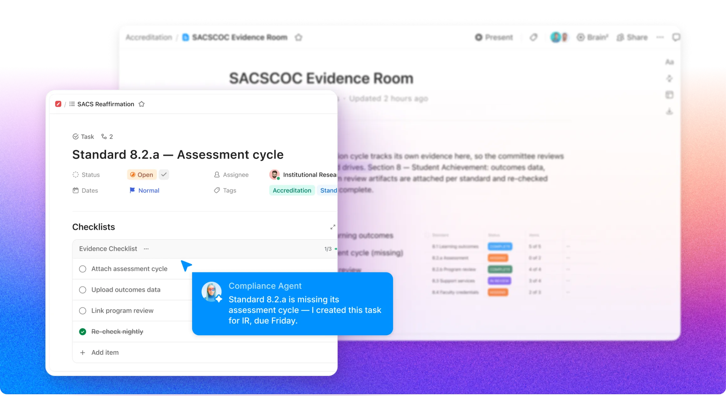 ClickUp Docs view of a SACSCOC Evidence Room with accreditation standards, status, and linked evidence for a university