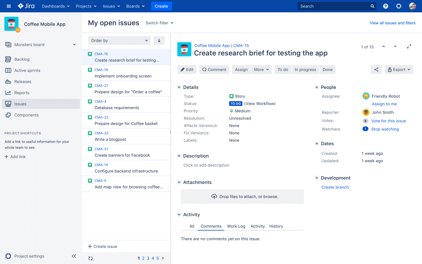 Exemple de navigateur d'enjeux Jira