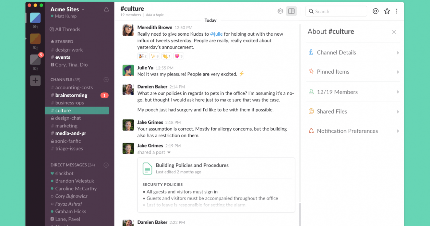 Virtual Assistant Software: Slack's chat box