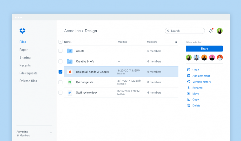 Captura de pantalla de archivos en Dropbox