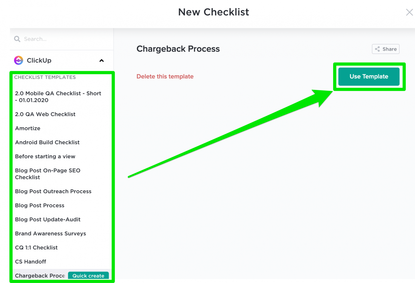 create new checklist template in clickup