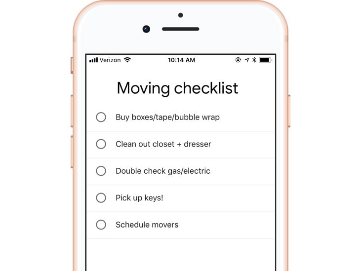 A screenshot of a moving checklist on Google Tasks