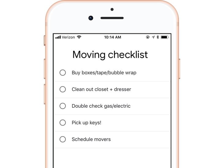 Screenshot di una lista di controllo per il trasloco su Google Tasks