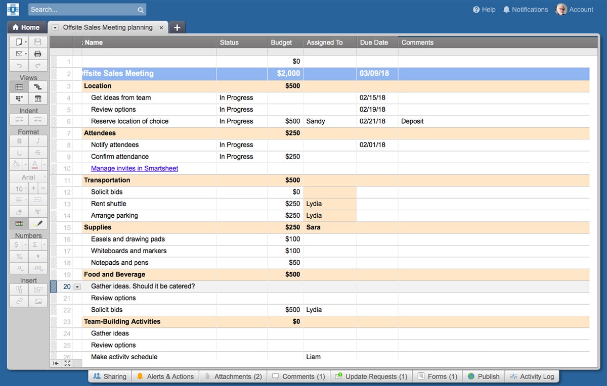 smartsheets project management template