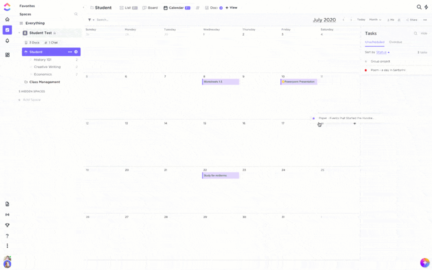 Calendario del estudiante en clickup