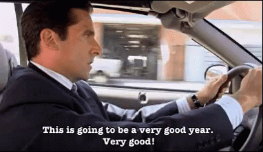 Steve Carell driving in a car saying this is going to be a very good year