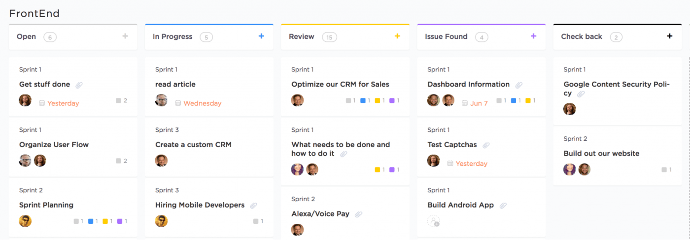 Tampilan papan kanban ClickUp