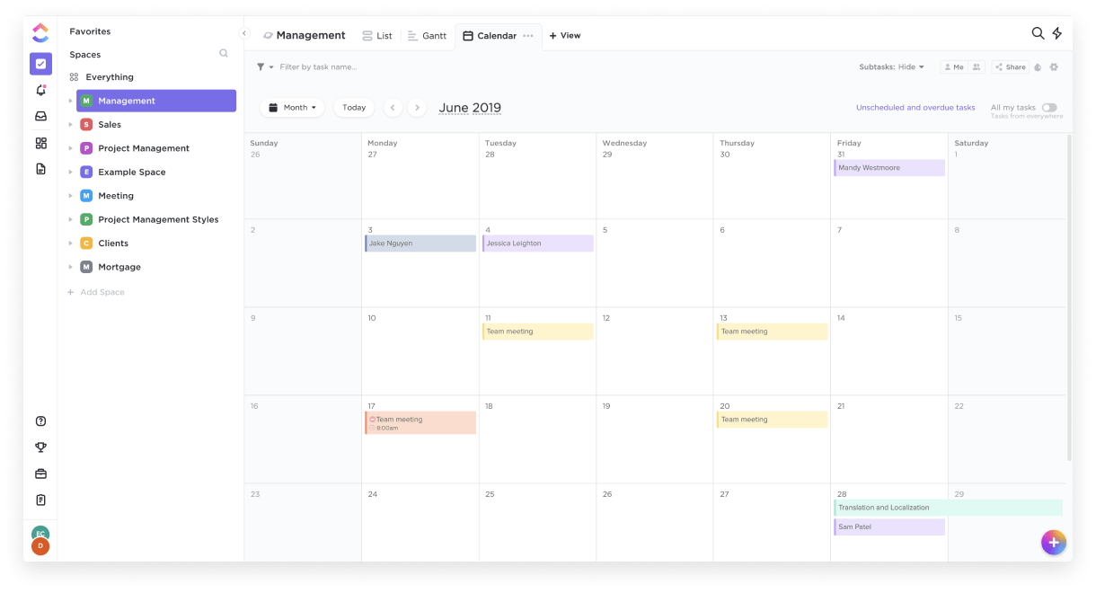 La vue du calendrier dans ClickUp