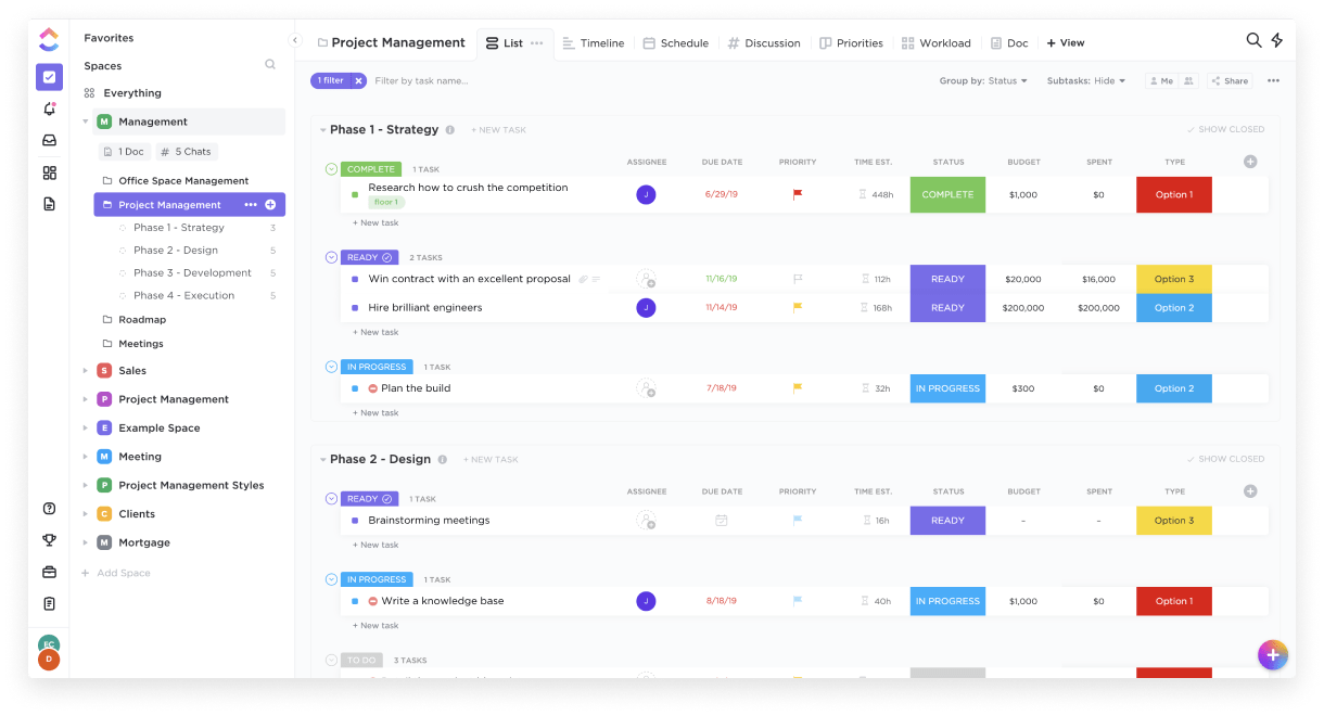 agile project list view in clickup