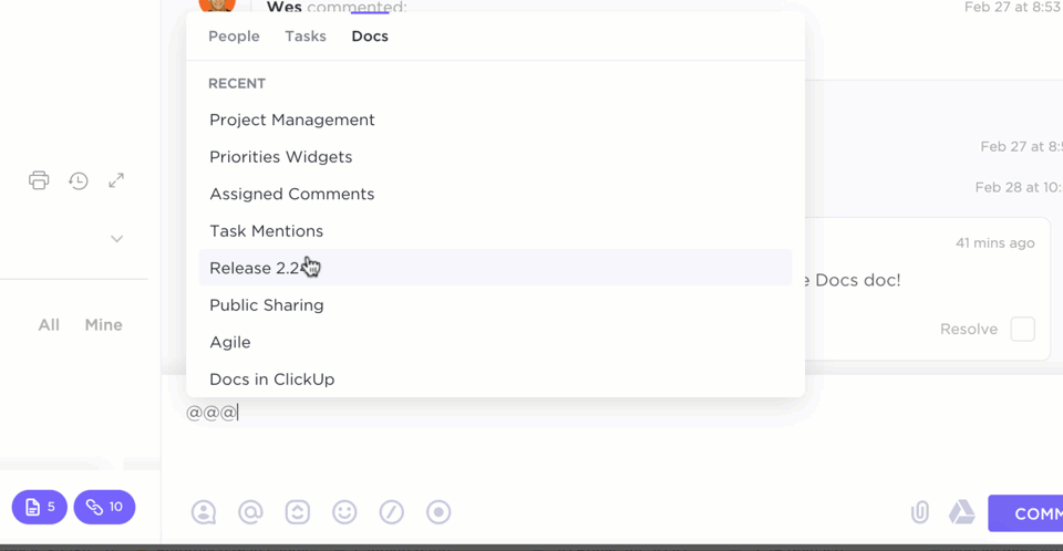 Client communication: ClickUp Docs Task Mentions