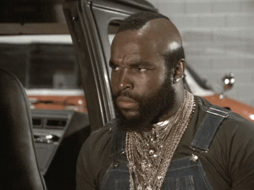 Mr. T playing B.A Baracus from the A Team looks around