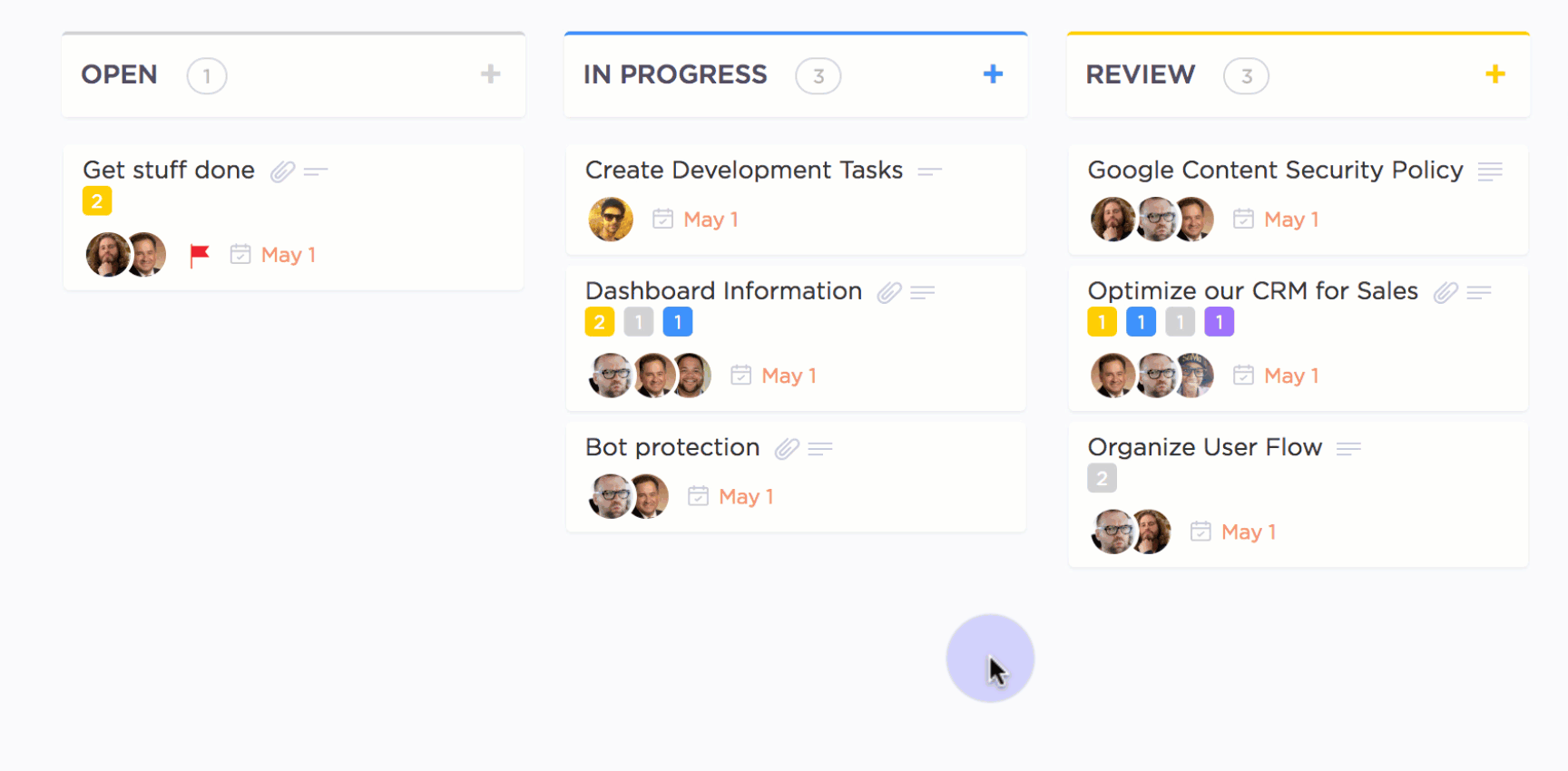 Gif of moving cards around in ClickUp's kanban board