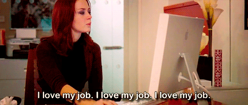 Emily repeating "I love my job"