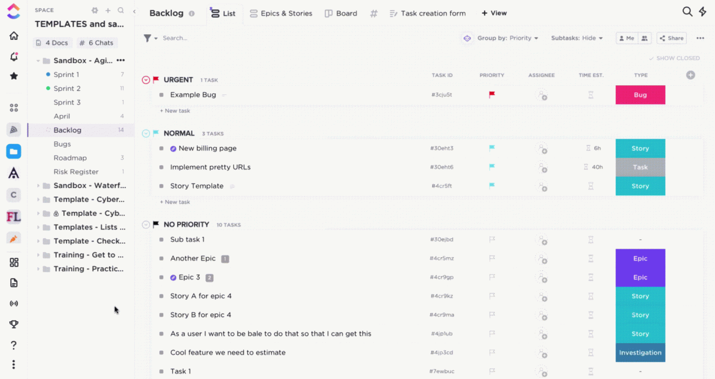 ClickUp's list view showing sprint planning