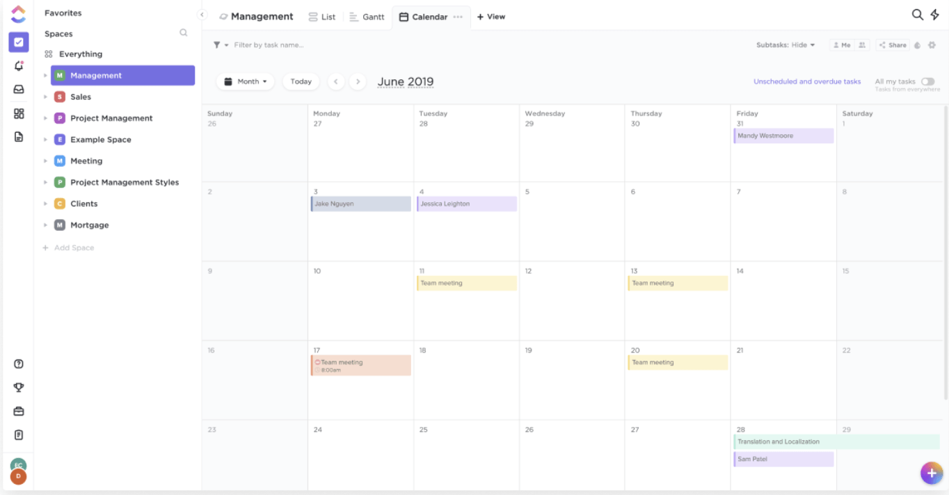 project calendar view in ClickUp