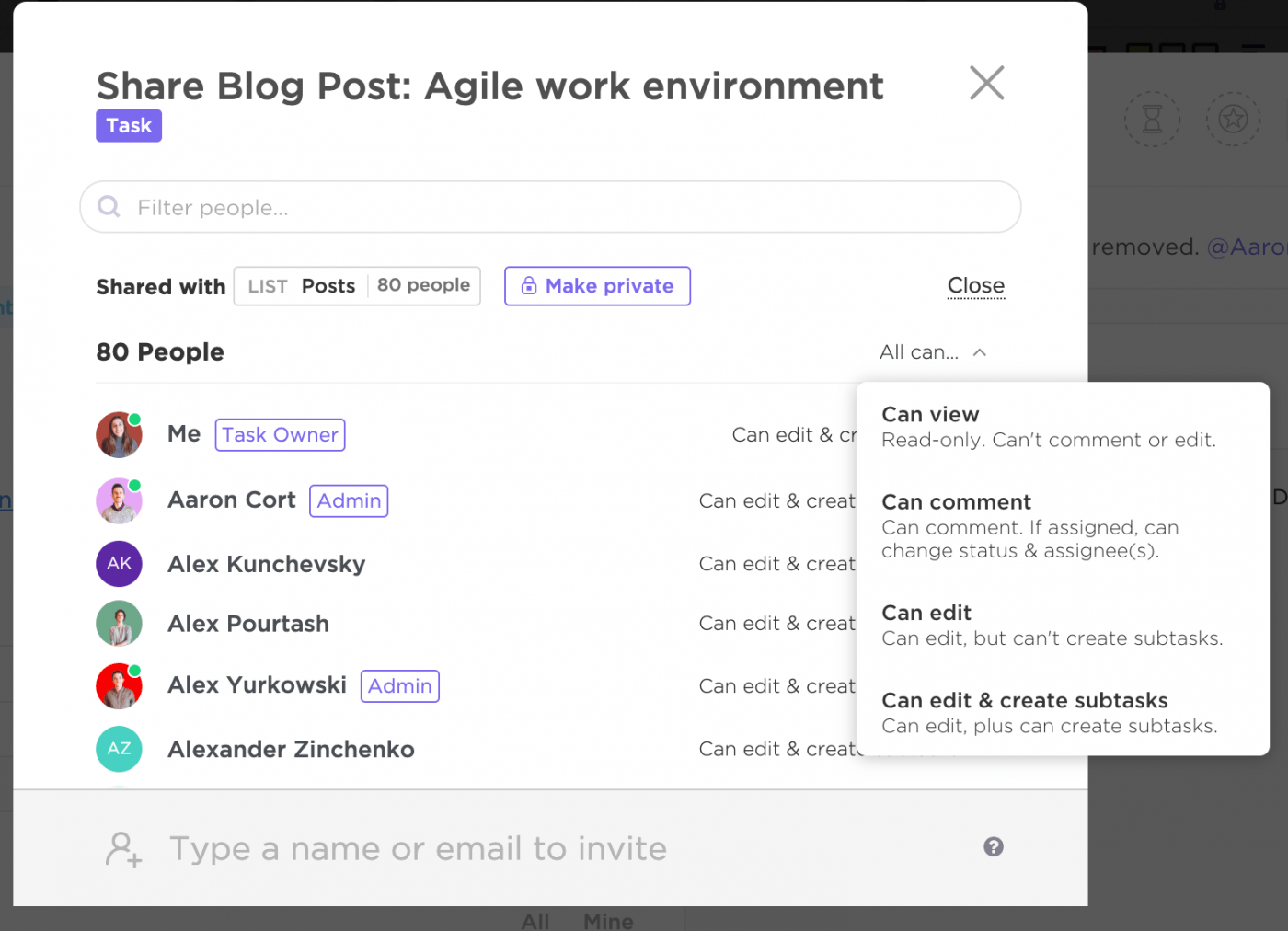 condivisione di un post del blog agile a più membri in ClickUp