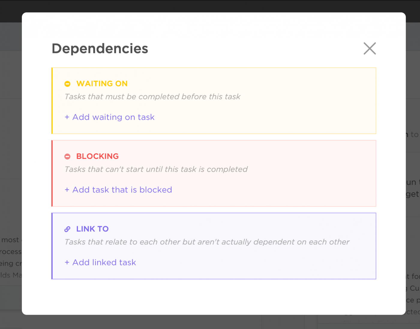 ClickUp dependencies modal