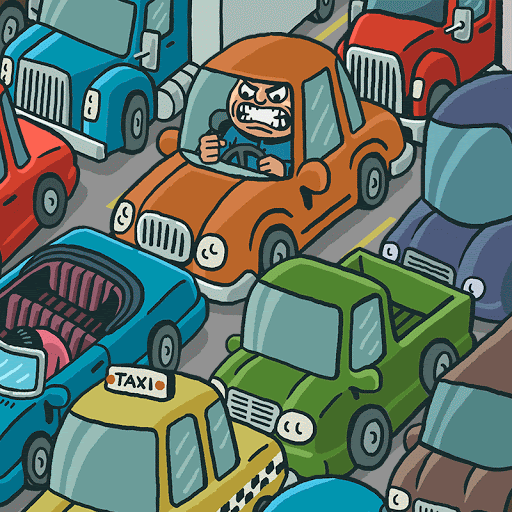 an angry cartoon man stuck in traffic 