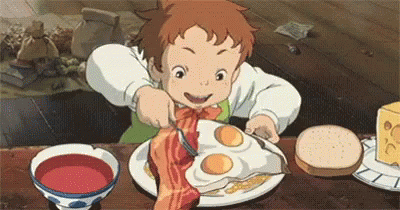 cartoon boy eating breakfast very quickly