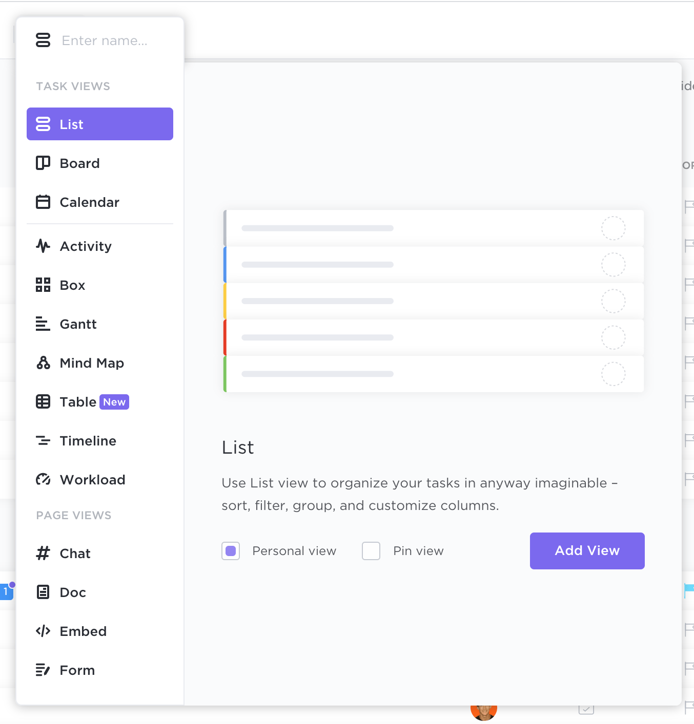 seleção de uma visualização no ClickUp