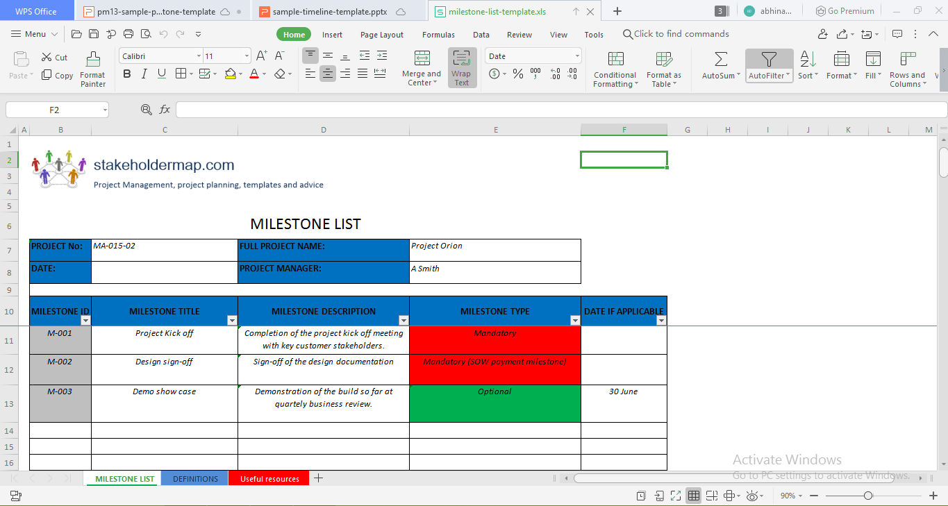 Szablon listy kamieni milowych na mapie interesariuszy