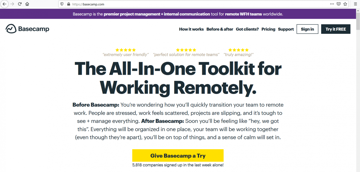 basecamp home page
