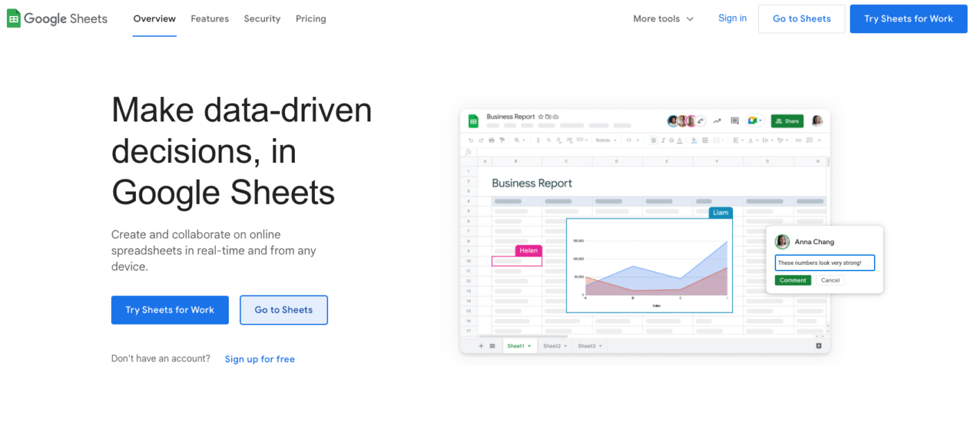 Google Sheets home page