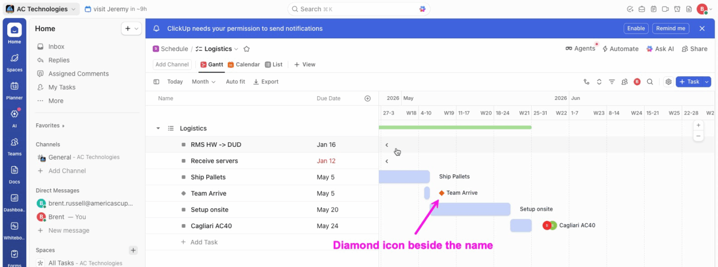 ClickUp Milestones in Gantt View