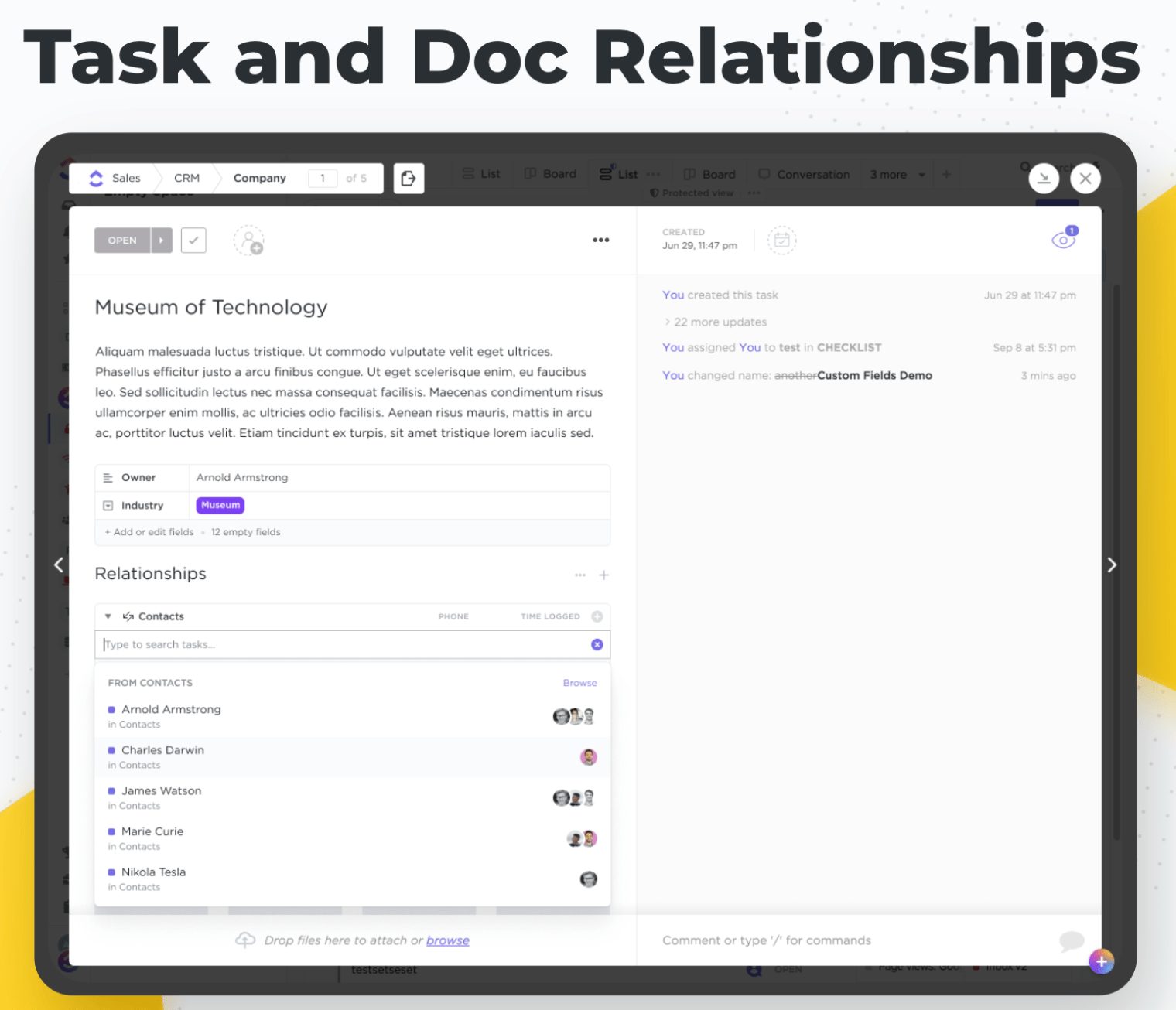 task and doc relationships in clickup