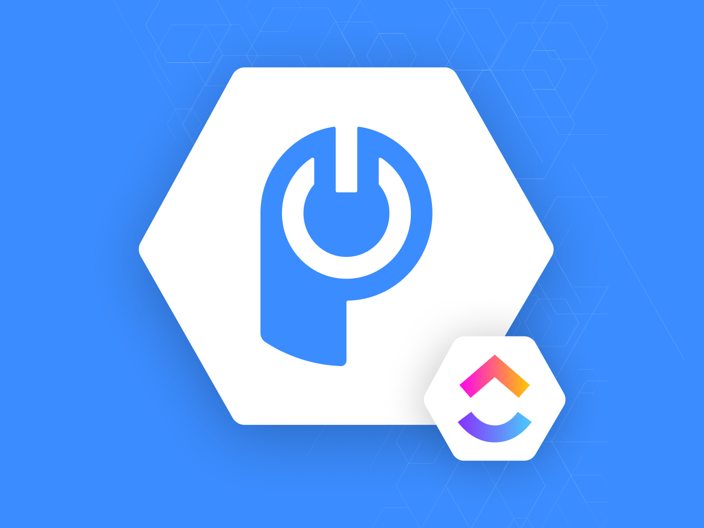 white and blue POWR icon with ClickUp logo