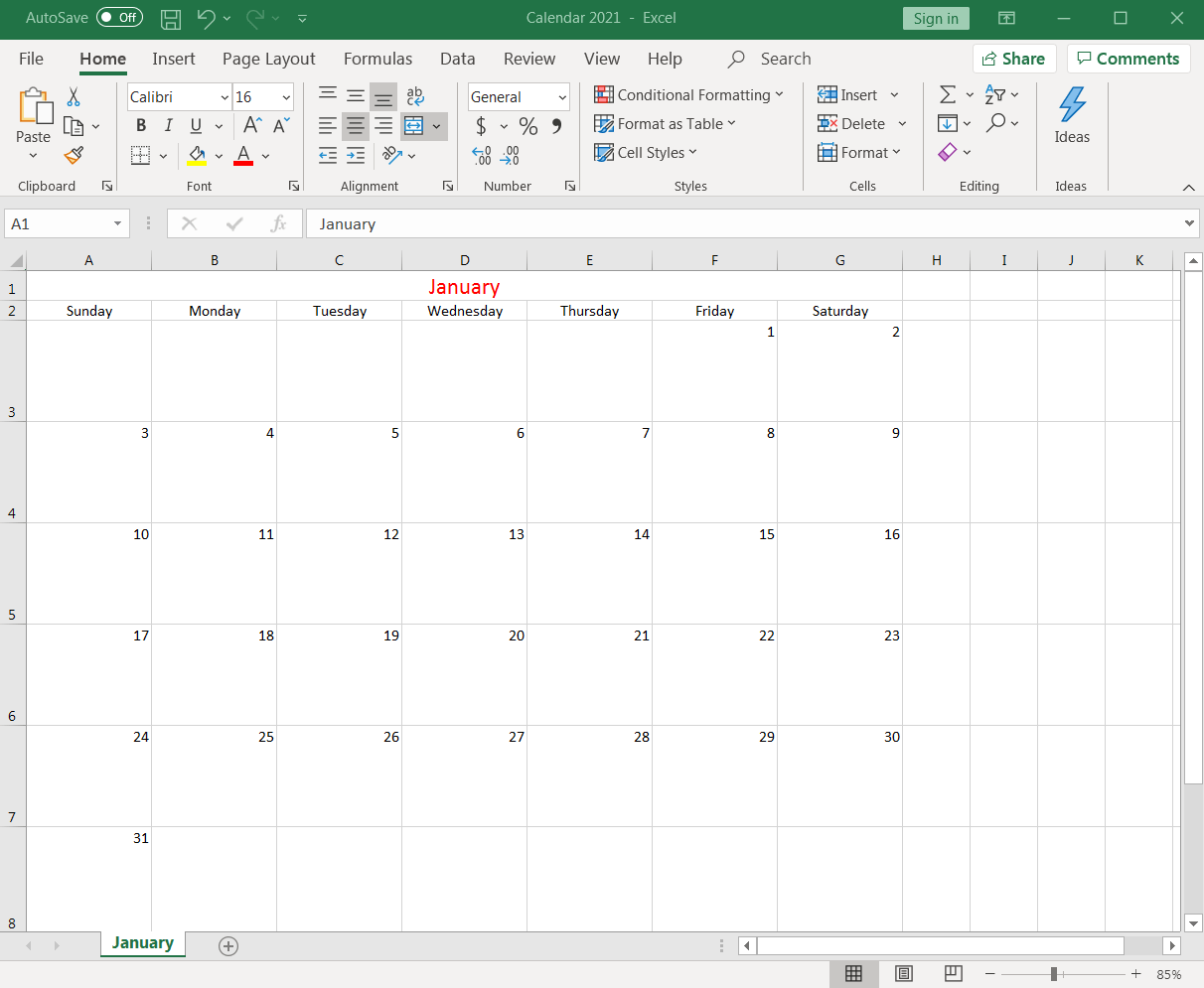 spreadsheet formatted as a January calendar