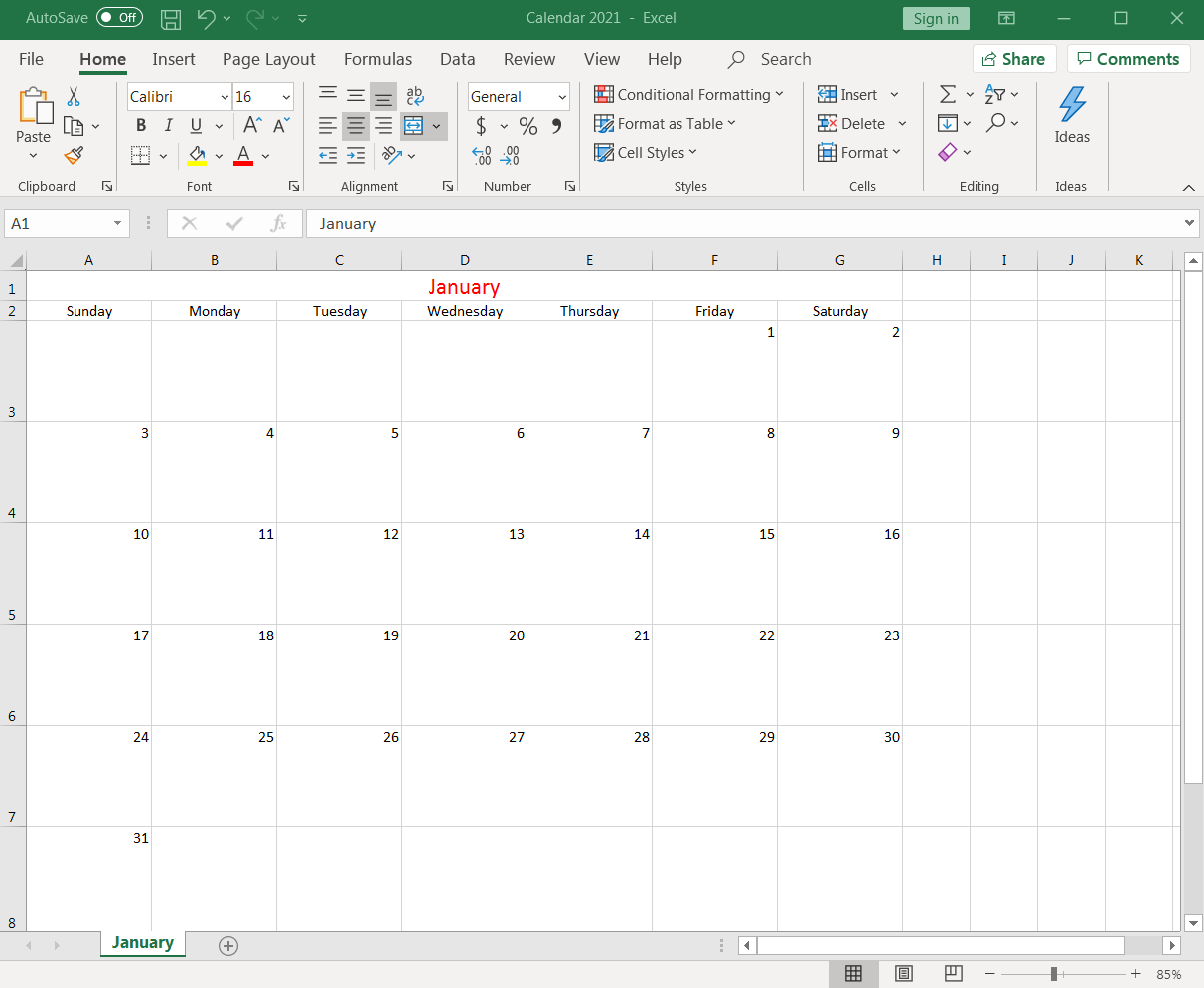 feuille de calcul formatée comme un calendrier de janvier