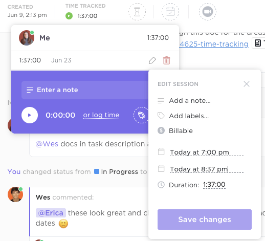 user editing entry in ClickUp time tracker feature