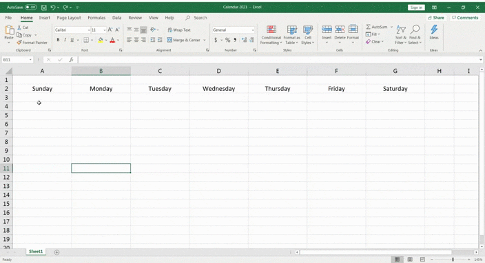 spreadsheet met de dagen van de week