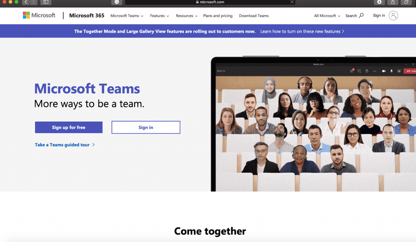 Microsoft Teams landing page
