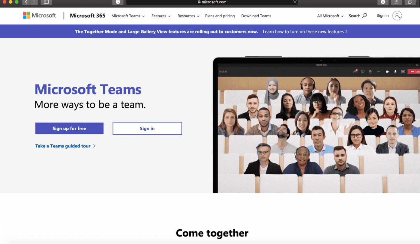 Página de destino do Microsoft Teams