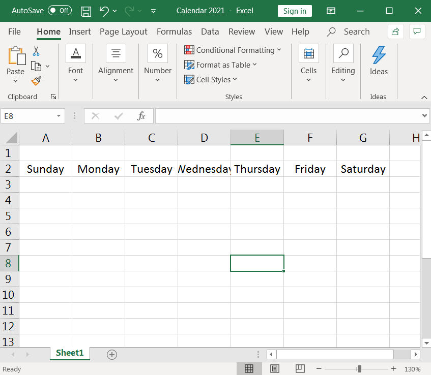 spreadsheet listing the days of the week