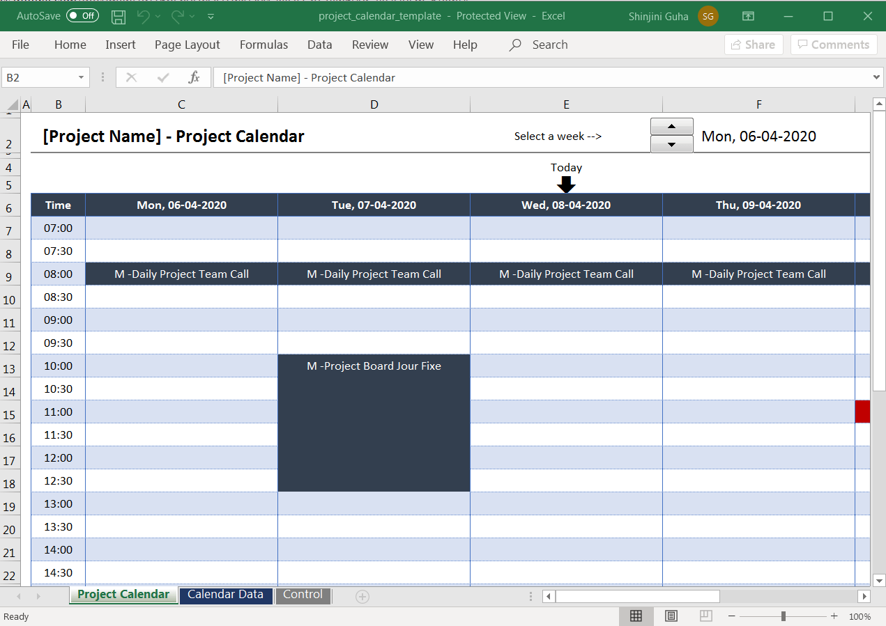 spreadsheet formatted as a project calendar