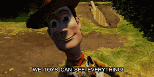cowboy toy spinning its head with text we toys can see everything