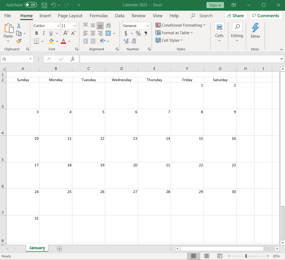 feuille de calcul formatée comme un calendrier